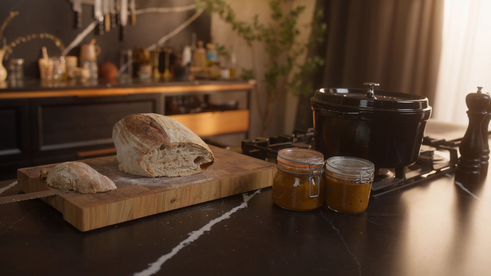 Kitchen table with beautifully sliced bread